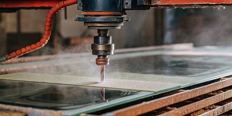 An industrial glass grinding machine with a water jet spraying onto the diamond wheel and glass pane