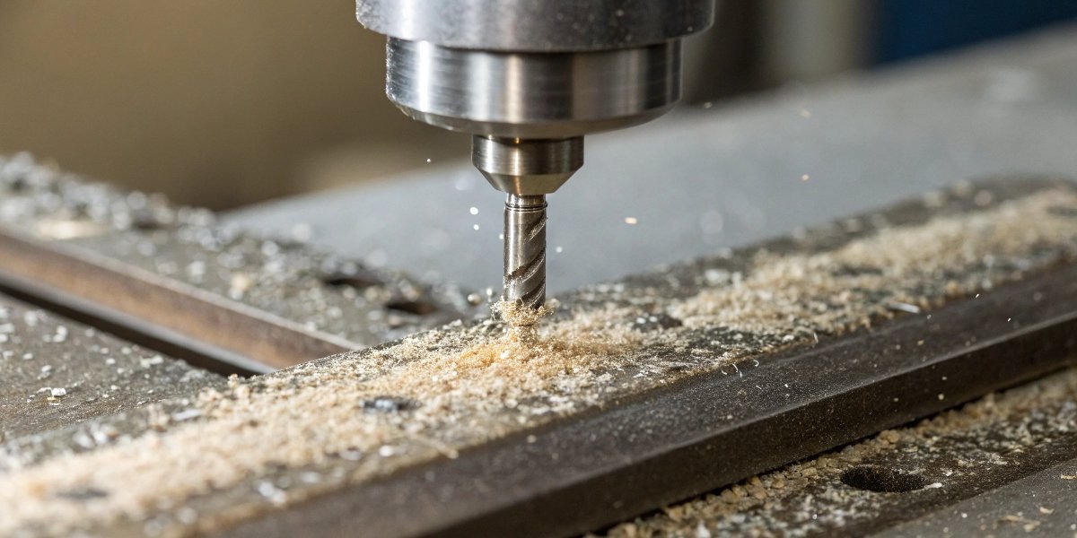 A highly magnified, microscopic view of a single abrasive grain shearing off a tiny chip of metal from a workpiece.
