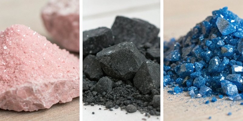 A side-by-side comparison of the three abrasive minerals: pink Aluminum Oxide, black Silicon Carbide, and blue Zirconia Alumina.