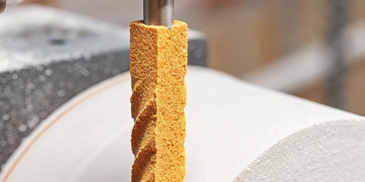 A close-up shot showing a dressing stick making contact with a spinning diamond wheel, with arrows indicating the removal of debris.