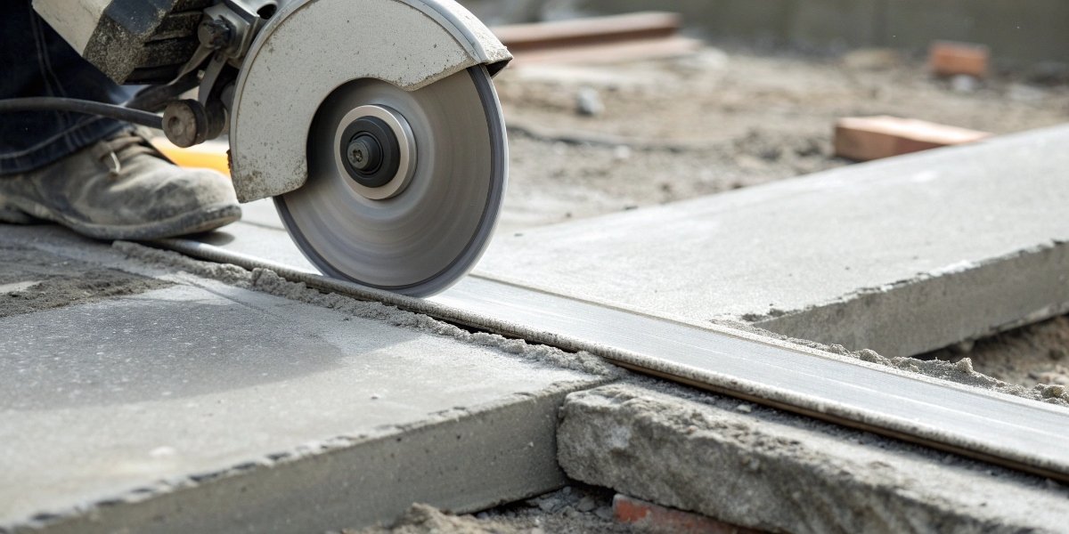 A close-up shot of a diamond blade making a clean, shallow scoring cut in a concrete surface