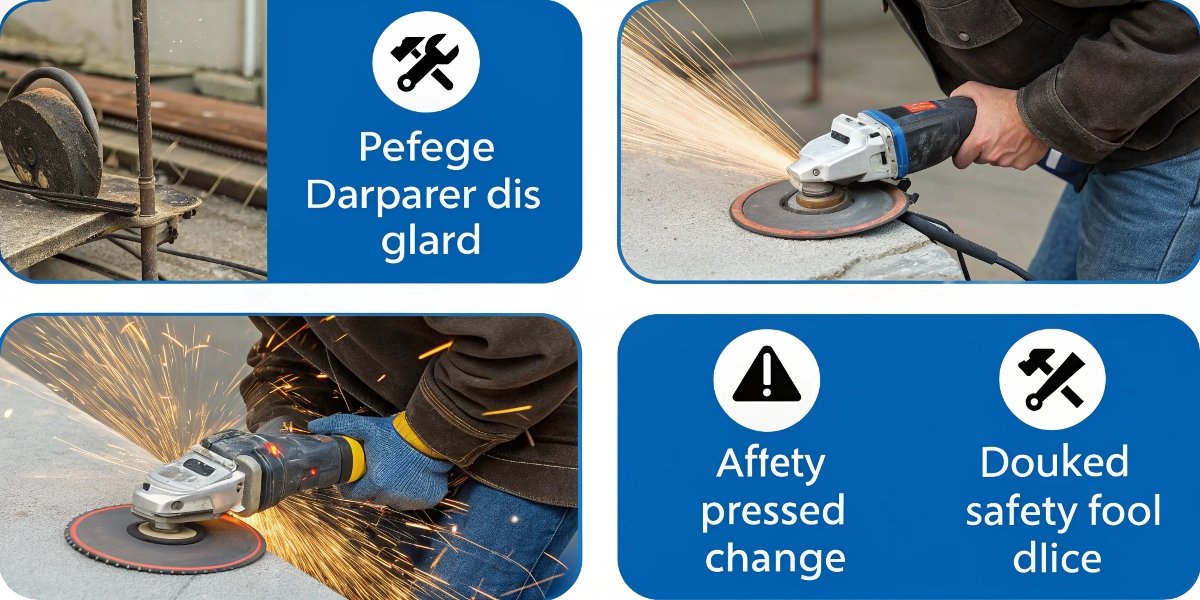 An infographic showing four key safety warnings for angle grinder use