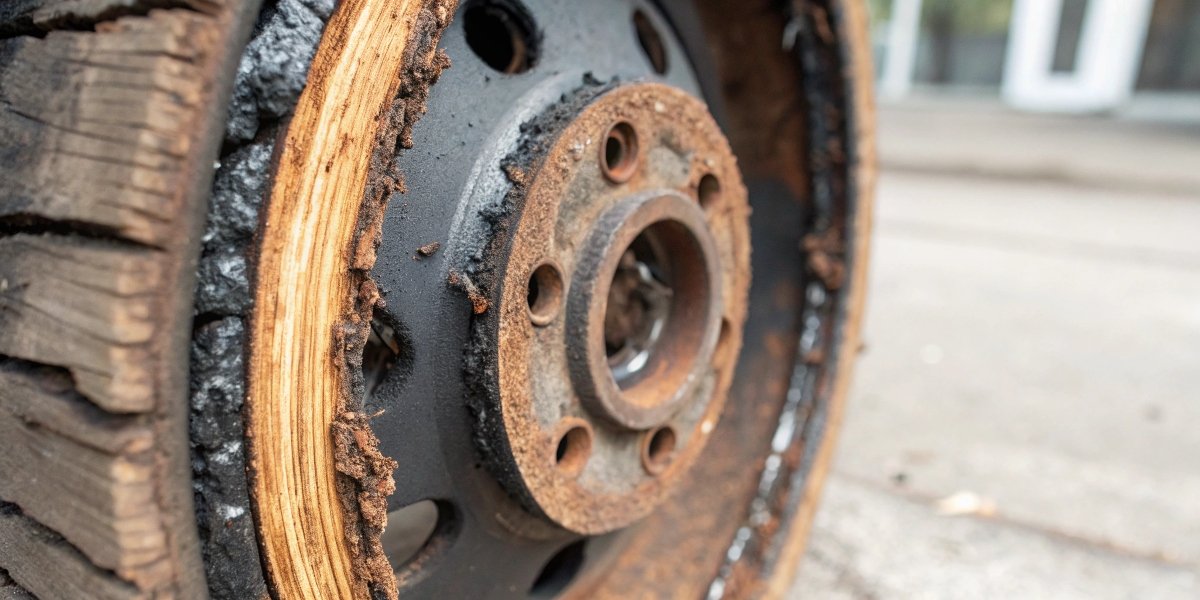A close-up shot of a cutoff wheel's edge clogged with burnt wood resin and fibers