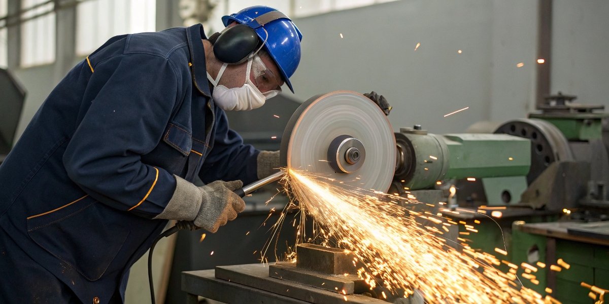 An operator successfully grinding a soft aluminum part, with chips clearing cleanly away from the wheel.