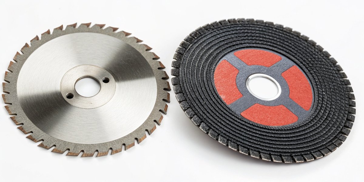 A clear visual comparison: on the left, an approved abrasive cutting disc for an angle grinder; on the right, a toothed circular saw blade with a large "NO" symbol over it.