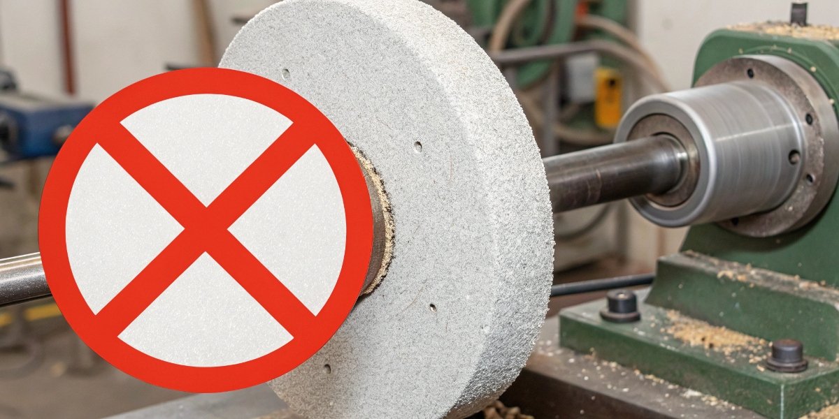 A dressing stick correctly squared against the face of a grinding wheel, with an inset showing a prohibited symbol over dressing the side.