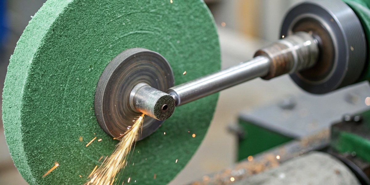 A close-up of a green silicon carbide wheel precisely sharpening a carbide-tipped industrial cutting tool.