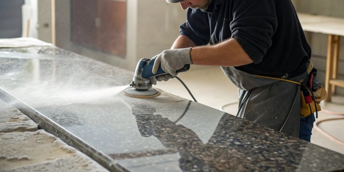 A professional stone worker using a wet polisher on a granite countertop, with a small stream of water on the surface.
