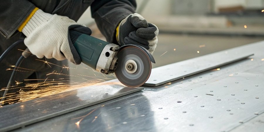 An angle grinder with a very thin cutting disc being used to slice through a sheet of stainless steel with precision