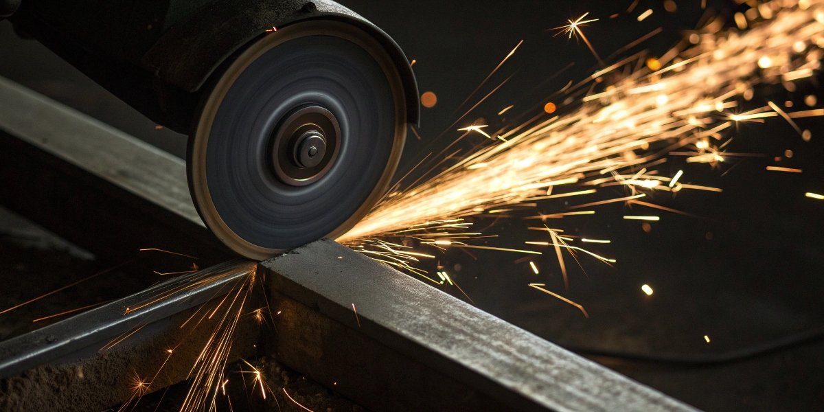 A close-up action shot of a grinding wheel in motion, with sparks flying as it grinds a steel bar.