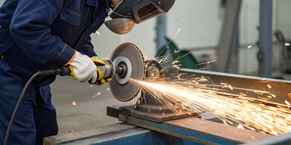 A modern safety graphic illustrating the correct way to mount a grinding wheel, showing flanges, blotters, and safety guards.