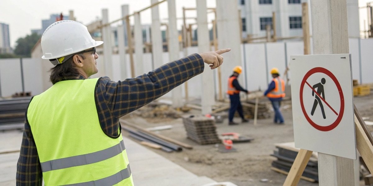 A safety officer pointing to a "No 9-Inch Grinders" sign on a construction site.