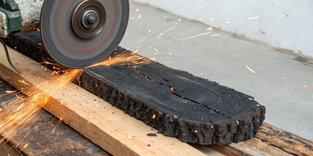 A thick grinding wheel held next to a piece of wood with a deep, black, charred groove in it