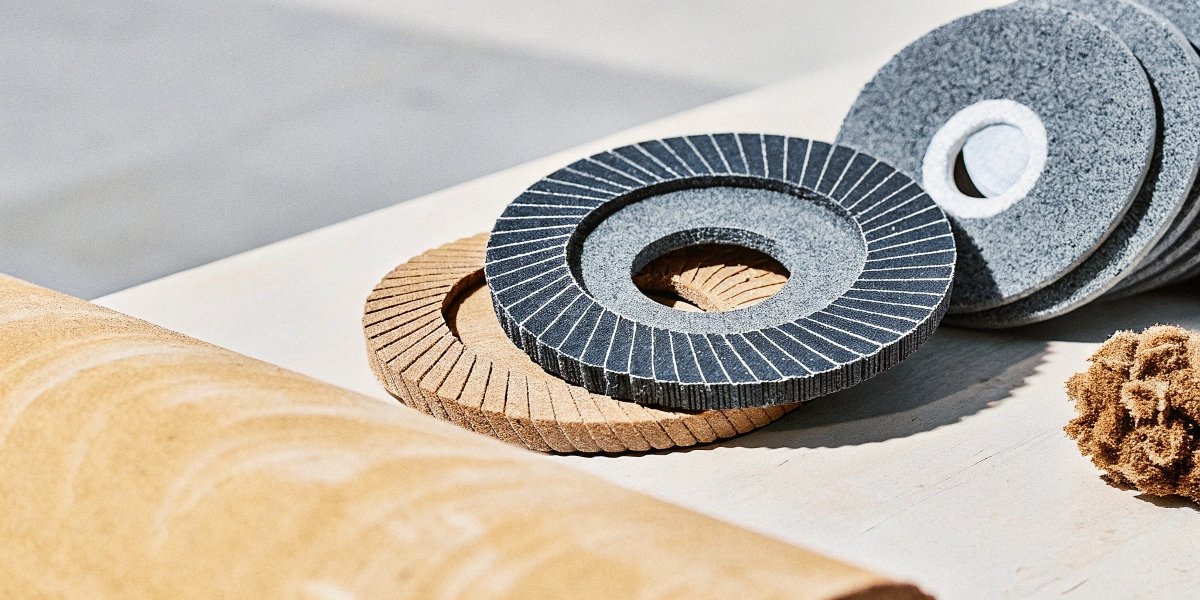 An image showcasing eco-friendly abrasives, such as grinding wheels made with recycled materials next to biodegradable abrasives made from walnut shells.