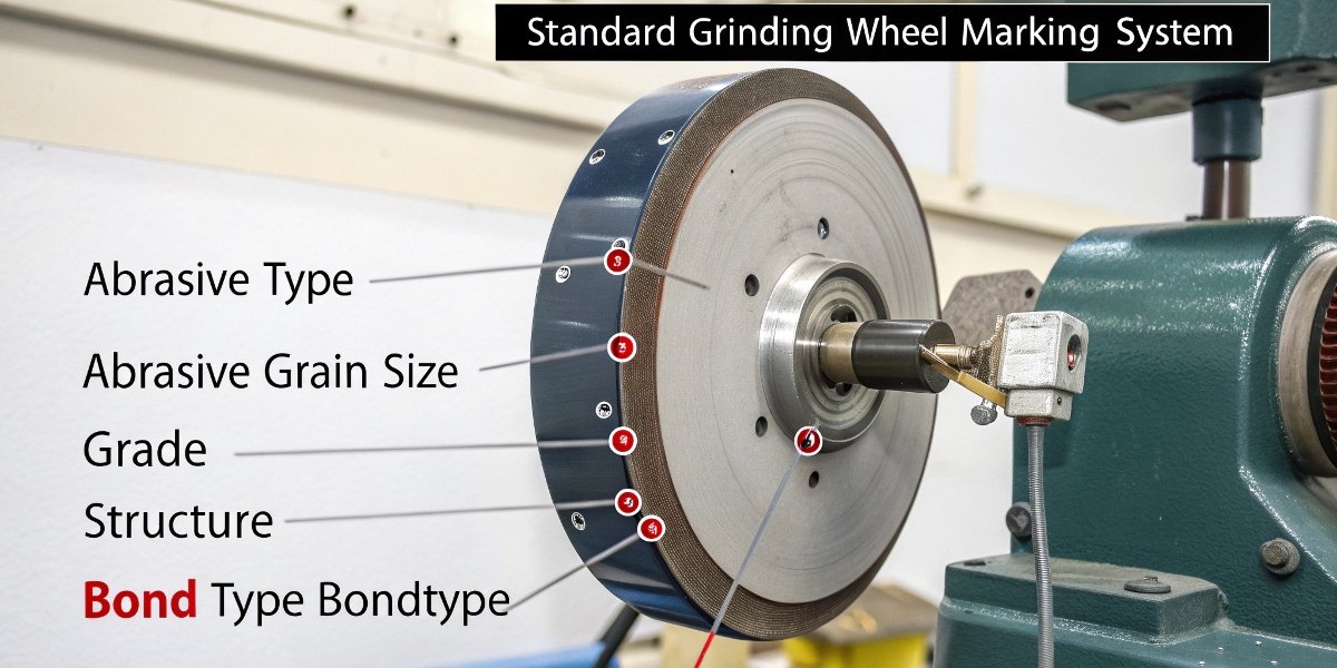 A diagram explaining the standard grinding wheel marking system with each of the five factors highlighted.