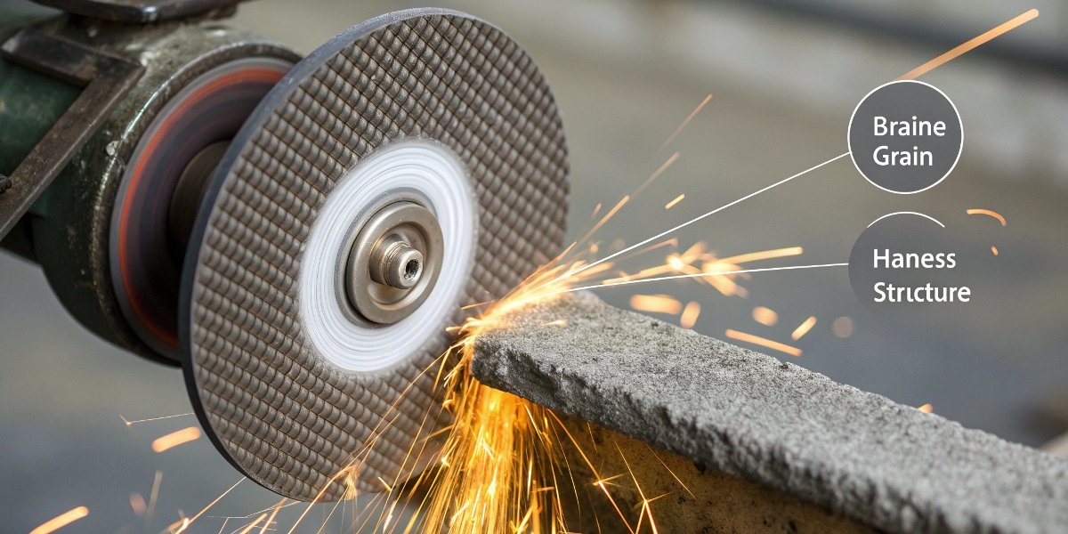 A close-up shot of a grinding wheel's label, with infographic-style callouts pointing to the five key specification codes.