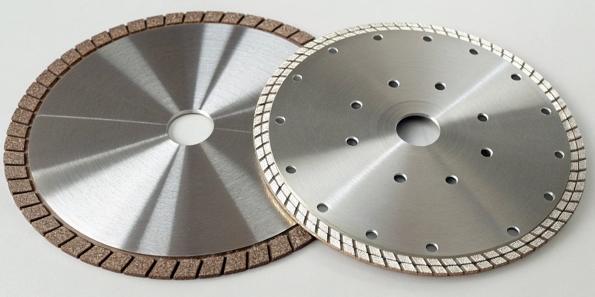 A side-by-side view of a standard brown aluminum oxide cutting disc and a silver diamond-edged cutting disc, labeled for their primary uses.