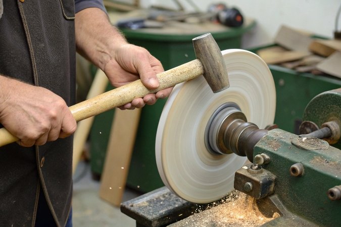 An illustration of the 'ring test' where a wheel is being lightly tapped with a wooden mallet handle to check its sound