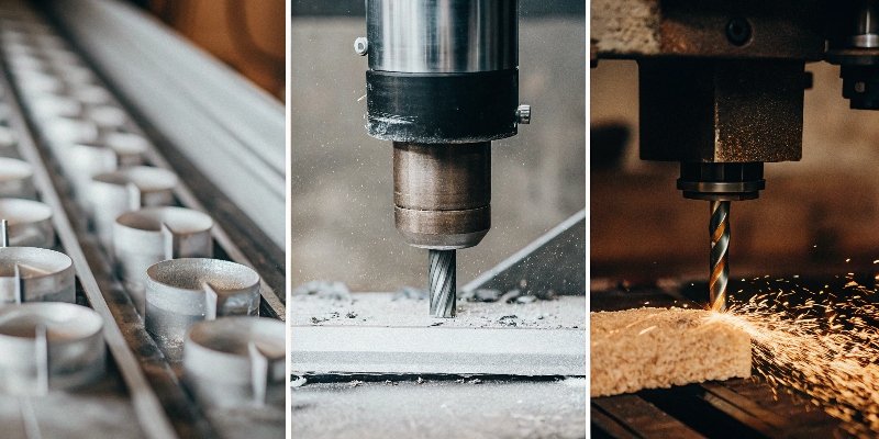 A triptych image showing a surface grinder, a cylindrical grinder, and a tool and cutter grinder