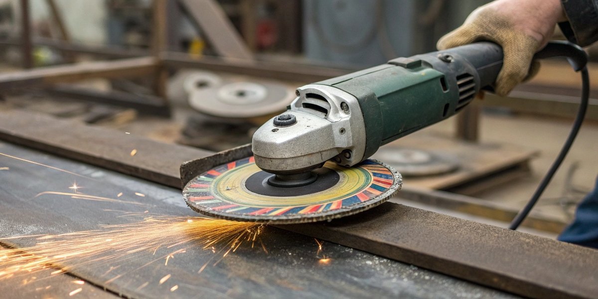 A 5-inch angle grinder shown with a 4.5-inch disc mounted, with graphics indicating reduced cutting depth and faster wear.