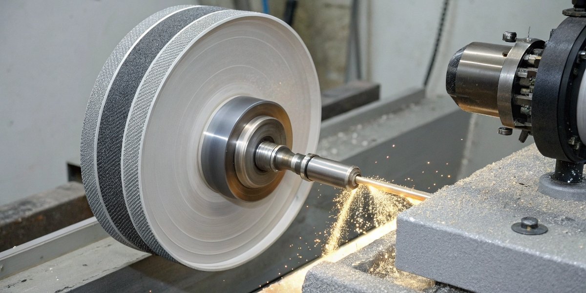 A powerful CBN grinding wheel being dressed with a rotary diamond dresser on a CNC machine.