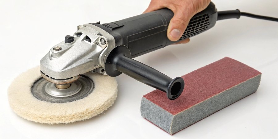 An angle grinder fitted with a felt polishing wheel and a bar of polishing compound next to it