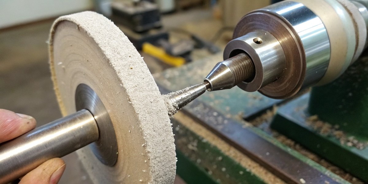 A close-up photograph showing a dressing stick held at a 45-degree angle to a grinding wheel's corner, creating a small, safe bevel.