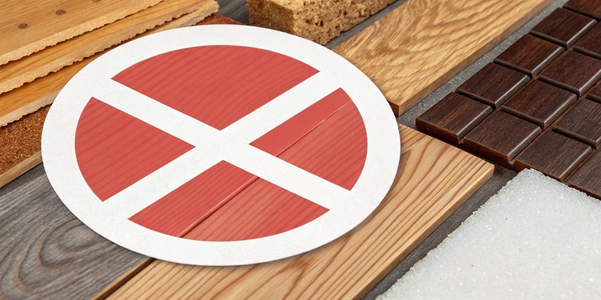 A universal prohibition symbol over a collage of wood, plastic, magnesium, and rubber.