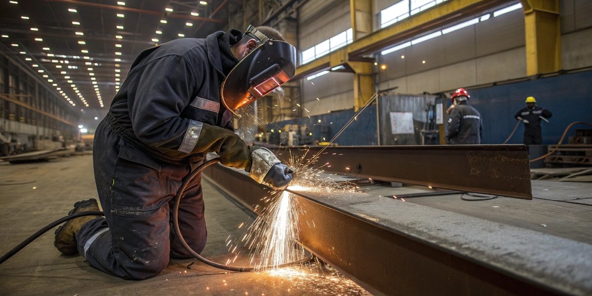 A worker in full PPE using a 7-inch grinder to smooth a large weld on a thick steel beam in a fabrication facility.