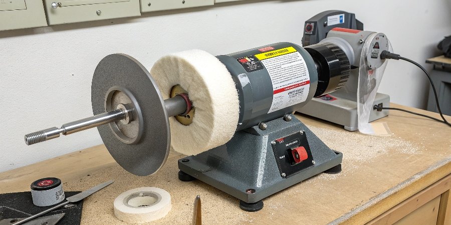 A bench grinder with a standard gray grinding wheel on one side and a white cotton polishing buff on the other