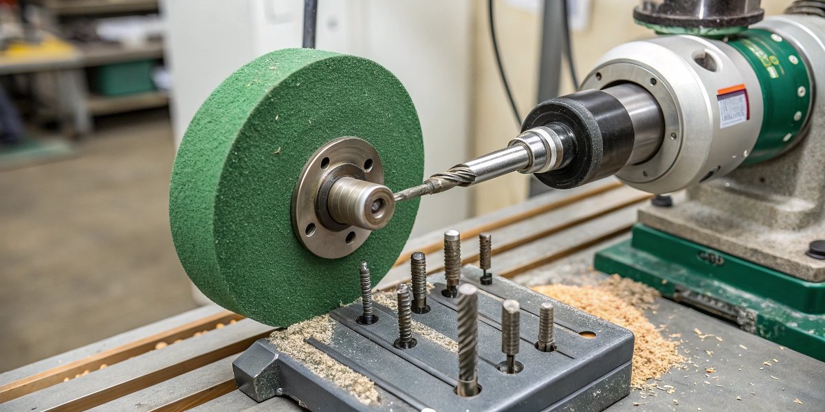 A toolroom setting where a green wheel is being mounted to sharpen a set of carbide router bits.