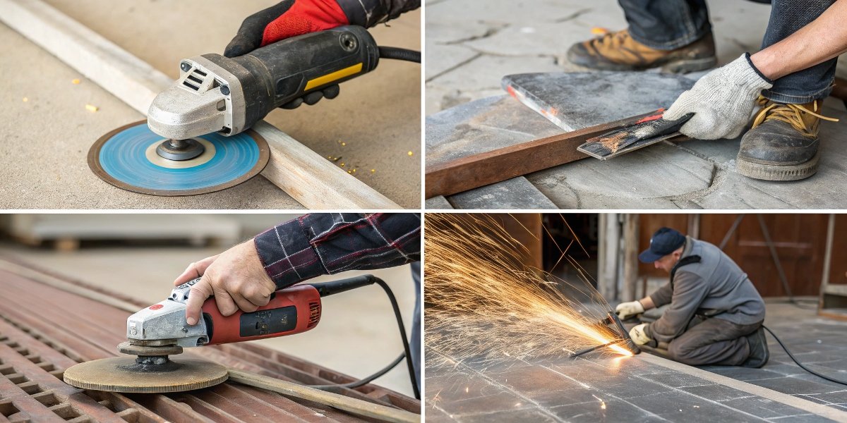 A collage of images showing [abrasive tools](https://www.science.org/doi/10.1126/sciadv.adl0822)[^7] in use: a cutting disc cutting rebar, a flap disc smoothing a weld, a hand sanding wood, and floor polisher on stone.