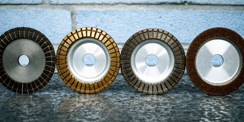 A showcase of four different CBN wheels, clearly labeled with their bond types: Resin, Vitrified, Metal, and Electroplated.
