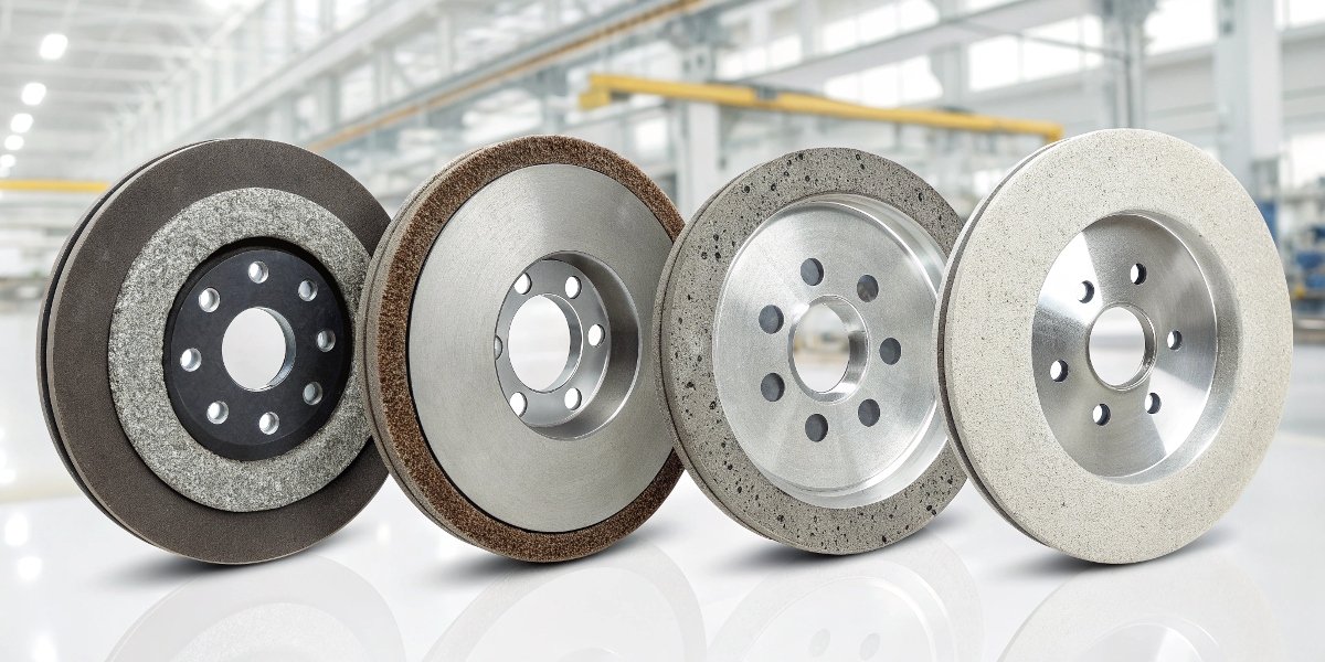 A showcase of four different CBN wheels, clearly labeled with their bond types: Resin, Vitrified, Metal, and Electroplated.