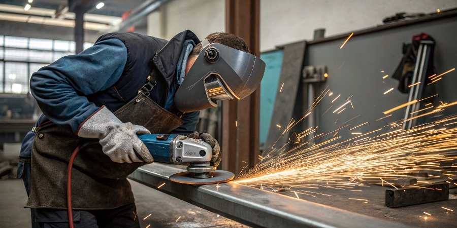 A worker using a flap disc on an angle grinder to smoothly blend a weld on a stainless steel corner joint