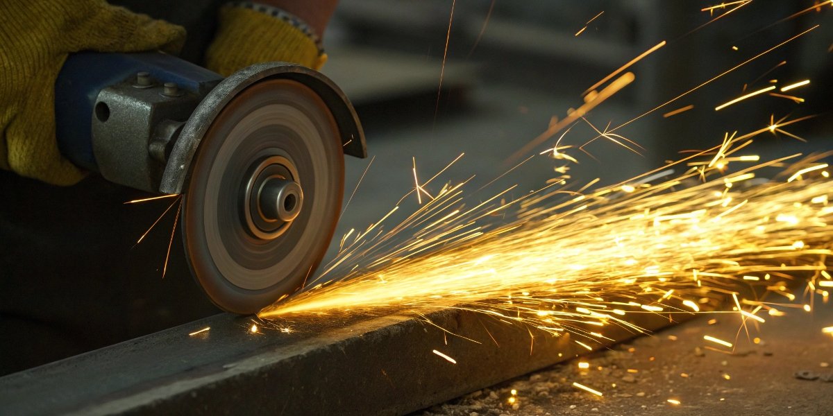 A close-up of a grinding wheel creating bright yellow sparks as it grinds a piece of steel.