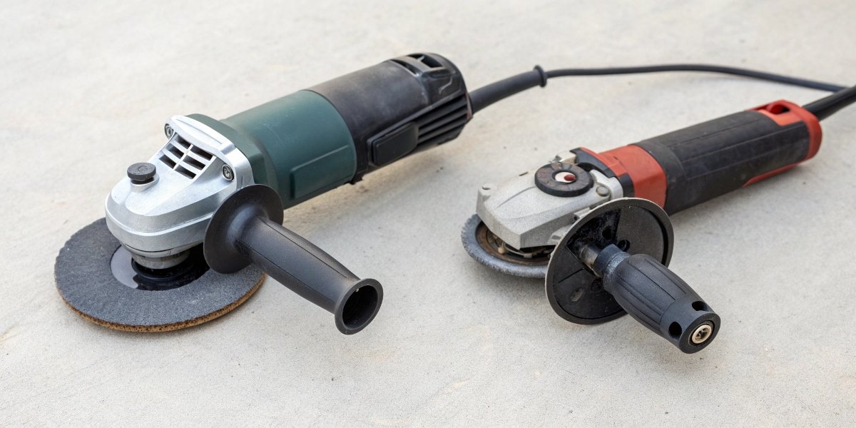 A small 125mm angle grinder next to a larger 180mm grinder with a dust collection shroud attached
