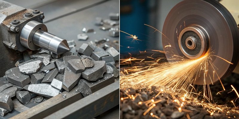 A split-screen image showing large metal chips from a milling machine and fine sparks from a grinding wheel