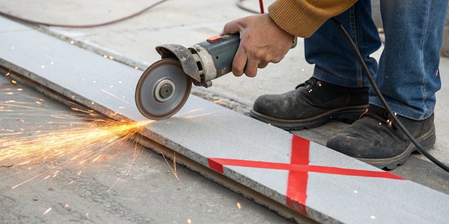 An illustration of someone improperly trying to grind a flat surface with the side of a thin cutoff wheel, marked with a red "X"