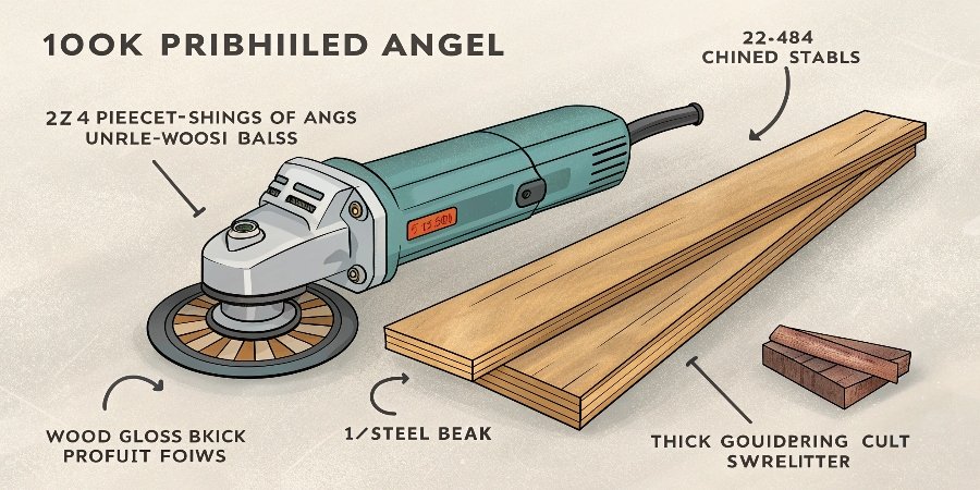 A collection of prohibited items next to an angle grinder: a 2x4 piece of wood, a pane of glass, and a thick steel I-beam