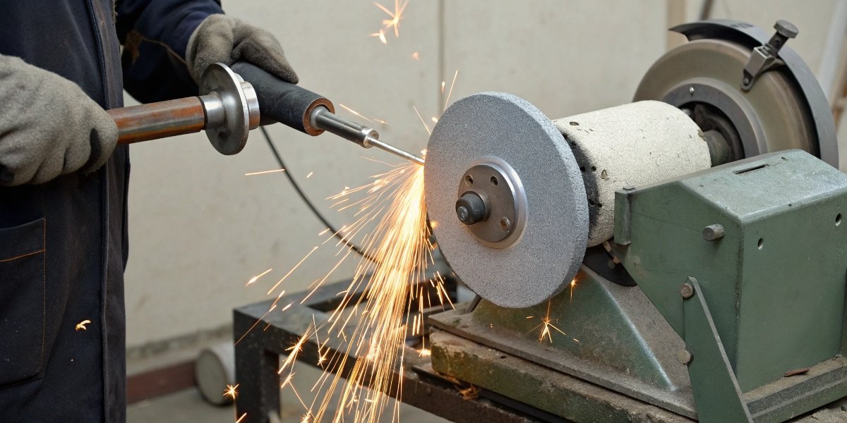 A comparison image showing an unsafe bench grinder with a side rest next to a Type 1 wheel, alongside a proper tool and cutter grinder using a Type 6 cup wheel.