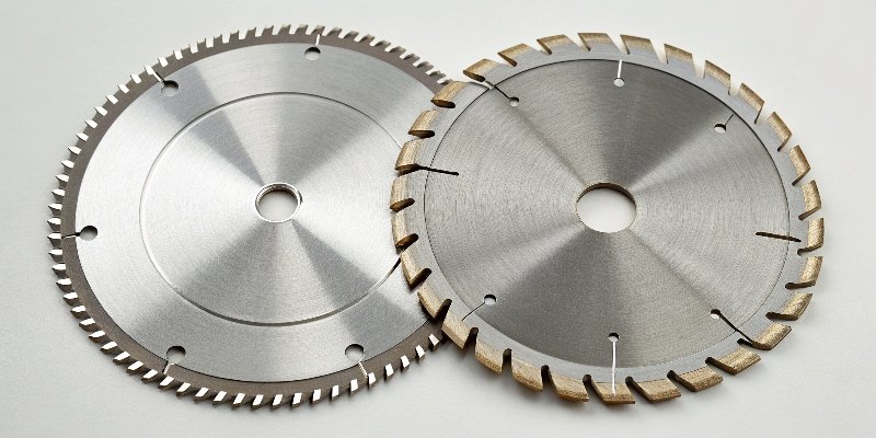 A classic toothed wood blade placed next to a segmented diamond blade for a circular saw