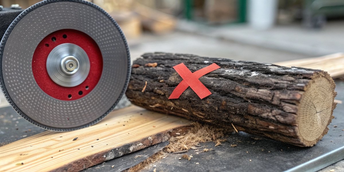 A piece of charred wood sits next to a grinding wheel with a large red "X" superimposed over it.