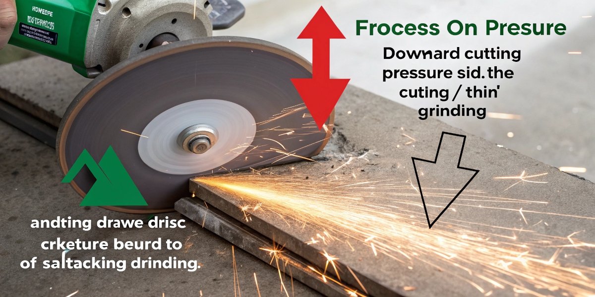A graphic showing the forces on a disc. A green arrow shows correct downward pressure for cutting. A red arrow shows dangerous side pressure for grinding, with a fracture symbol on the disc.