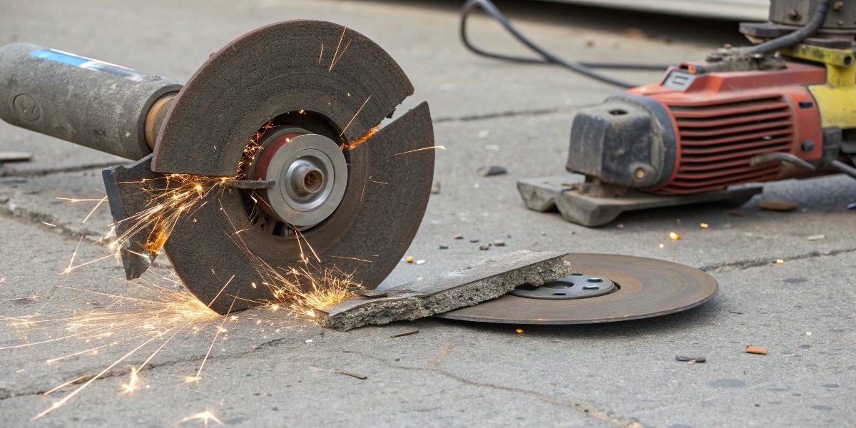 A cracked and shattered grinding wheel sitting next to a piece of hardened steel, illustrating catastrophic failure.