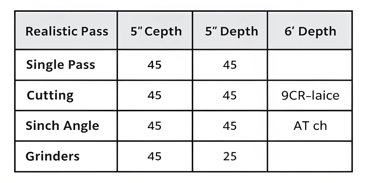 A simple table graphic showing the realistic single-pass cutting depths for 4.5-inch, 5-inch, and 9-inch angle grinders.