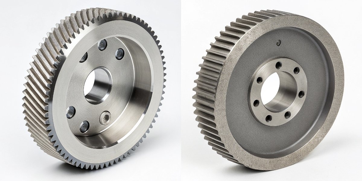 A split-screen image showing a diamond wheel grinding a carbide insert on the left, and a CBN wheel grinding a hardened steel gear on the right.