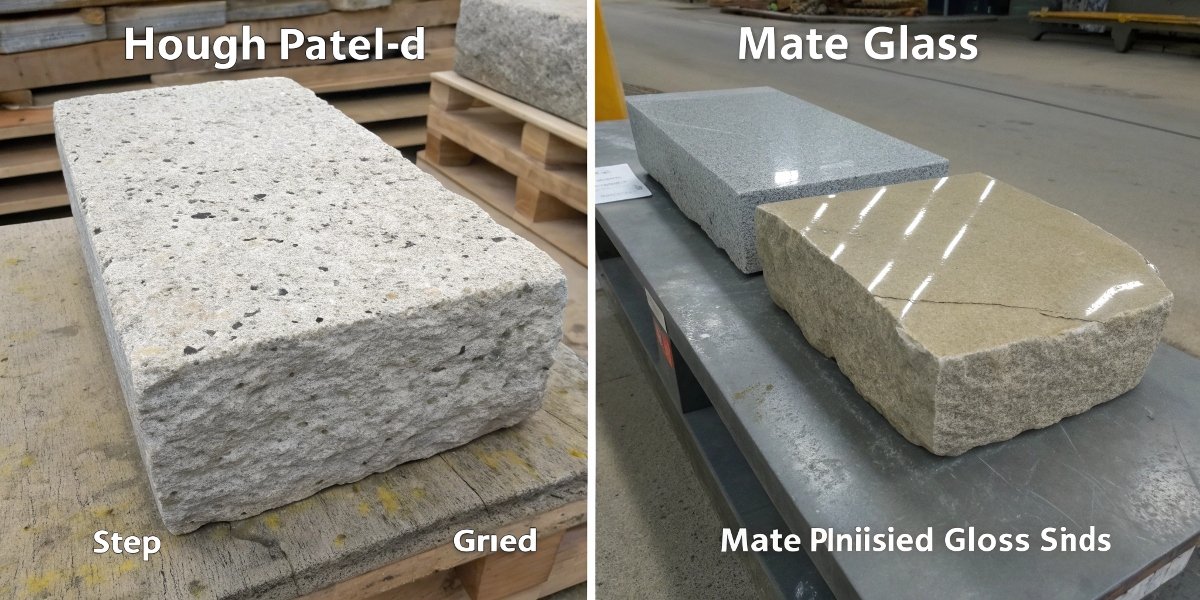A visual progression showing a single piece of stone from its rough state to a matte honed finish and finally a high-gloss polished state.