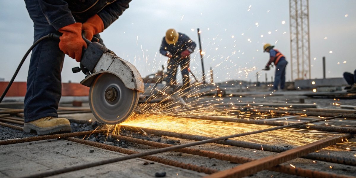 An angle grinder cutting a thick piece of rebar on a construction site