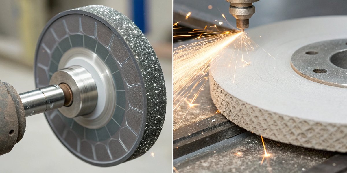 A split image showing a diamond wheel grinding ceramic on one side and a CBN wheel grinding steel on the other.